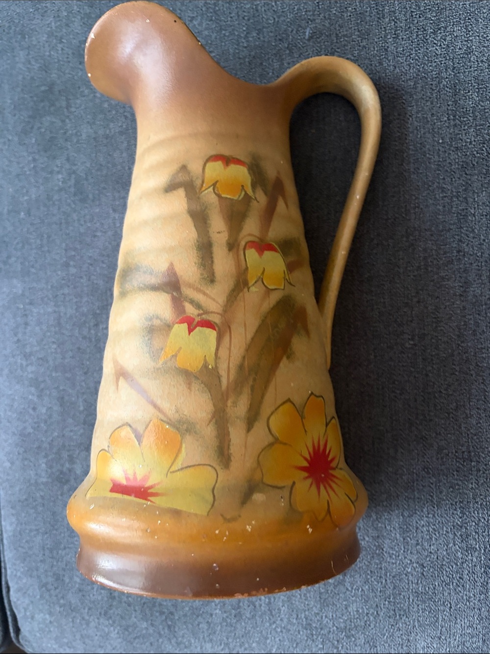 Hand-Painted Floral Ceramic Pitcher in Golden Tan and Yellow